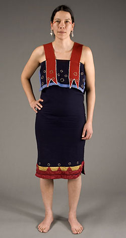 model wearing red and blue dress