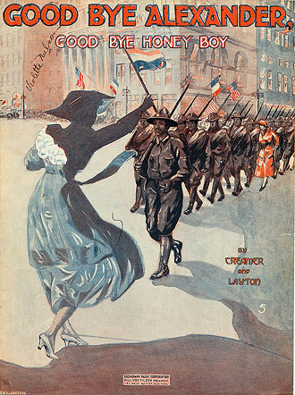 file:/activities/oralhistory/cappics/elliot1917_alexander, alt: illustration of a woman waving goodbye to a line of soldiers marching off to war