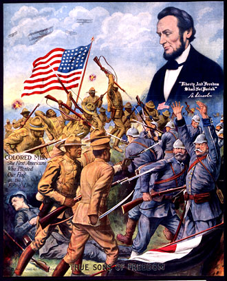 file:/activities/oralhistory/cappics/elliot1917_poster, alt: poster of black soldiers fighting german soldiers with american flag and Abraham Lincoln looking on