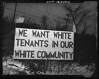 file:/activities/oralhistory/cappics/elliot1939s_tenants, alt: roadside sign displaying the words: we want white tenants in our white community